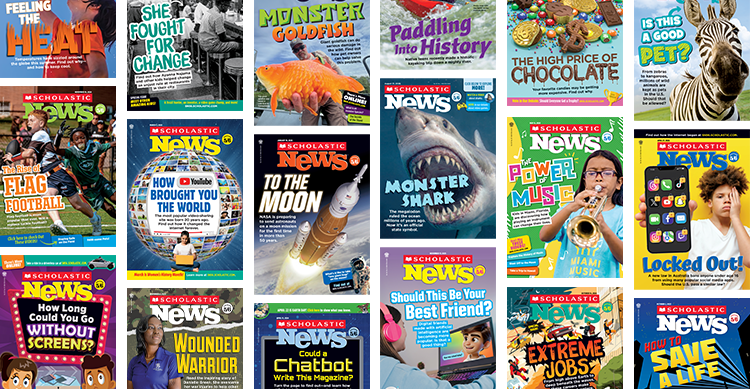Collage of Scholastic News magazine covers on a variety of topics for young readers