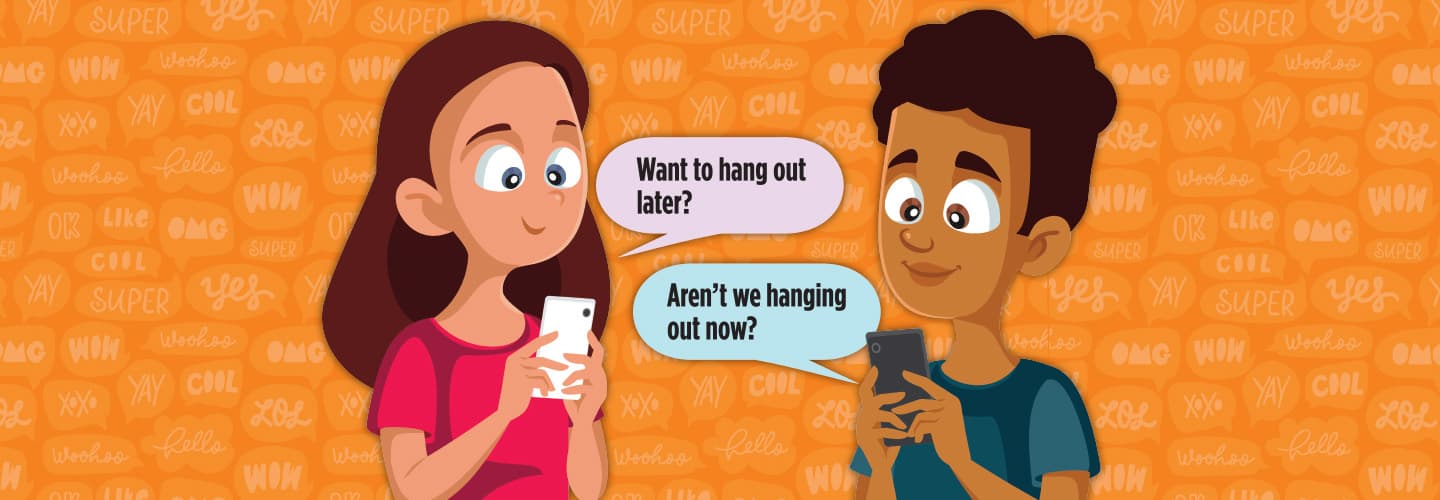 Illustration of two people texting each other wondering if that means they&apos;re hanging out