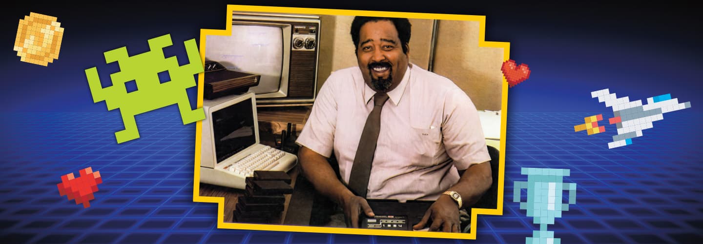 Image of the person who created Channel F against videogame background