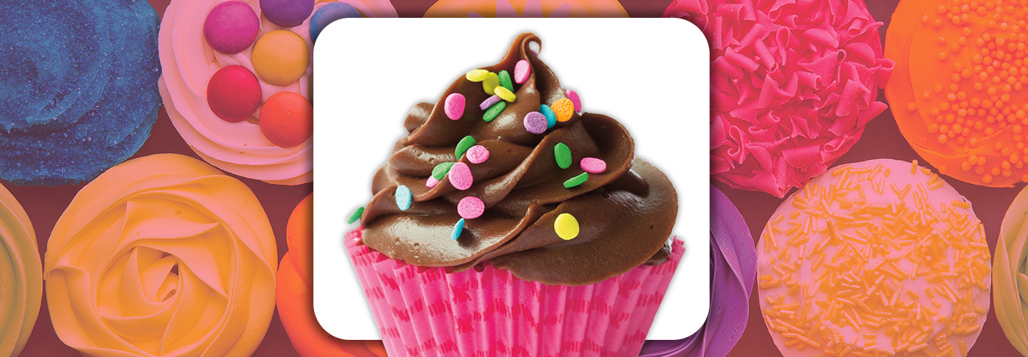 Cupcake with chocolate frosting and colorful circle sprinkles