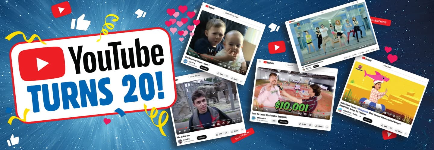 Image of various Youtube videos with text, "Youtube Turns 20!"