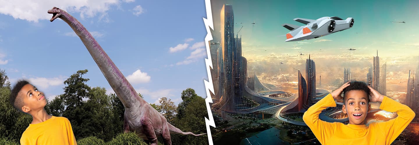 Image of prehistoric times with dinosaurs and futuristic times with flying cars
