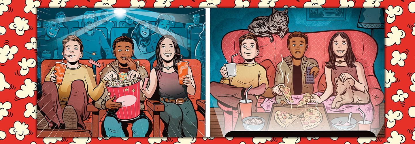 Illustration of friends watching a movie in the theatre and at home