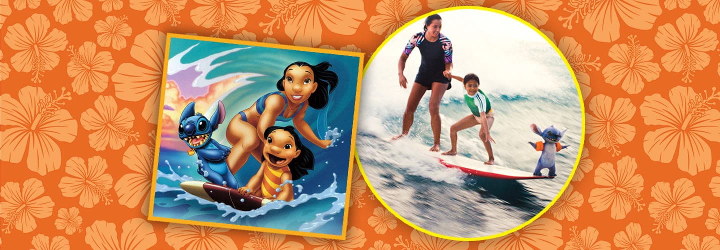 Image of Lilo & her sister surfing with Stitch