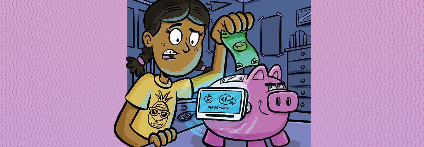 Illustration of a person putting cash into a digital piggy bank
