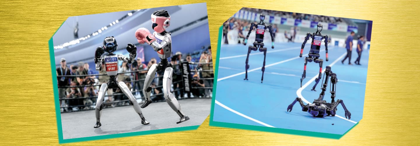 Image of robots fighting each other and image of a fallen robot