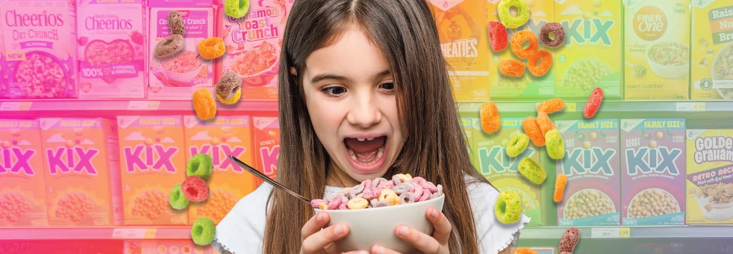 Illustration of ecstatic kid staring at bowl of sugary cereal