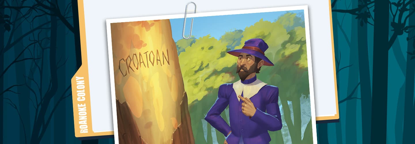 Illustration of a person reading the word &apos;Croatoan&apos; carved into tree