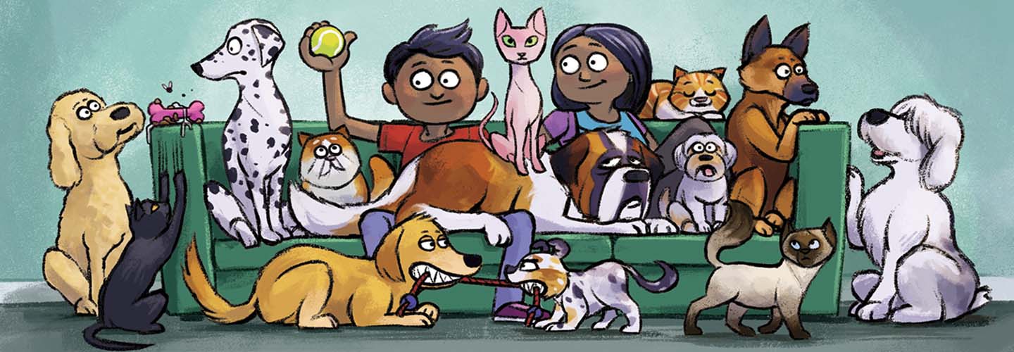Illustration of siblings sitting on a couch surrounded by variety of dogs and cats
